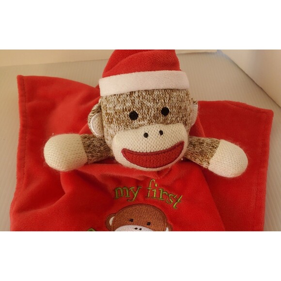 Baby Starters Security Blanket Sock Monkey My First Christmas Plush Lovey Rattle - Picture 5 of 10